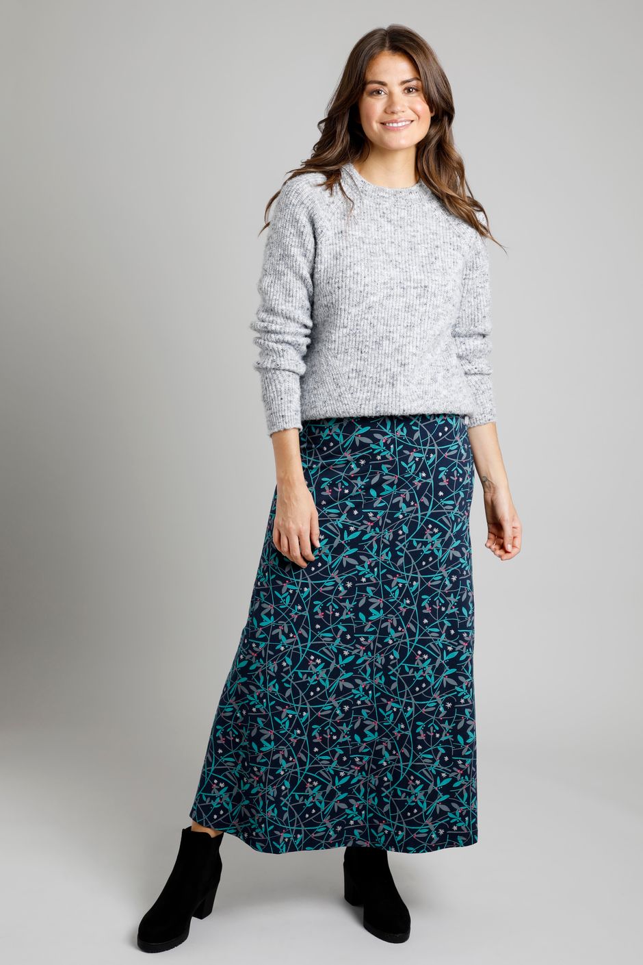 Drea Organic Cotton Printed Sparkle Jersey Midi Skirt Navy Blue